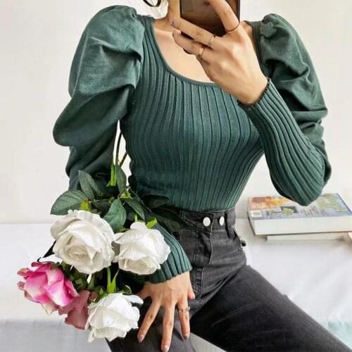 Women Court Retro U-Neck Pit Bar Puff Long Sleeve Knitted Jumpsuit with Hidden Button Solid Sexy Bodysuit Fashion Female Clothes