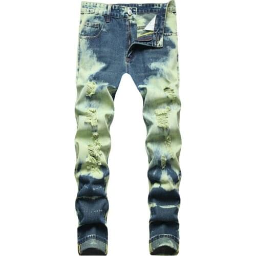 Mens Neon Yellow Y2K Ripped Jeans Trendy Holes Distressed Tie and Dye Denim Pants Slim Straight Trousers