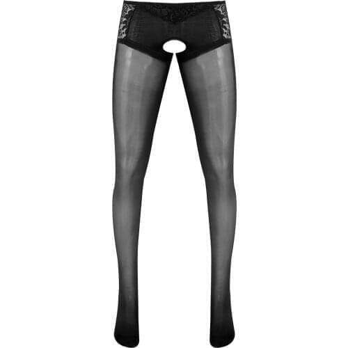 Mens Exotic Lingerie Pants Lace Patchwork Crotchless Pantyhose Sheer Stockings Stretchy Long Pants Leggings Sissy Nightwear