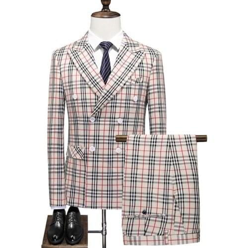 Mens Three-Pieces Suits Shawl Lapel Plaid Double-Breasted Slim Fit Dress Suits For Business Casual Men Suit Blazer+Vest+Pants