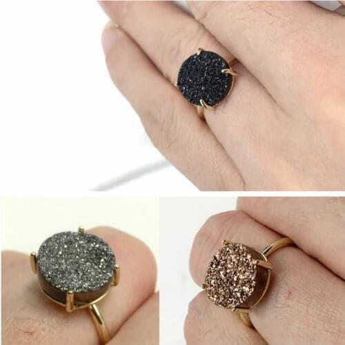 Charm Circular Natural Agat Titanium Druzy Band Ring Electroplated Gold-color Paved Zircon Quartz Stone For Women Festival Gift