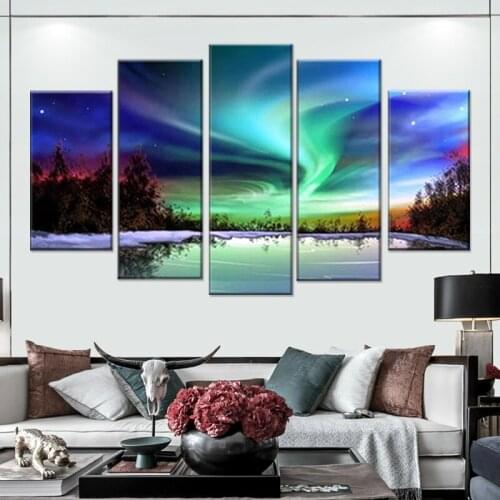 Modern Painting HD Printed Poster On Canvas 5 Panel The Northern Lights Modular Picture Wall Art Home Decor Frame Living Room
