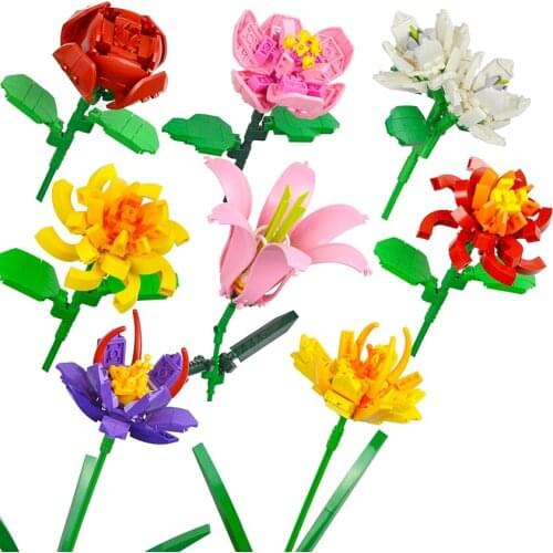 Building Blocks Ideas MOC Romantic Bouquet Tulips Rose Flower Bricks Home House Decoration Toys DIY Creative Gift for Friend