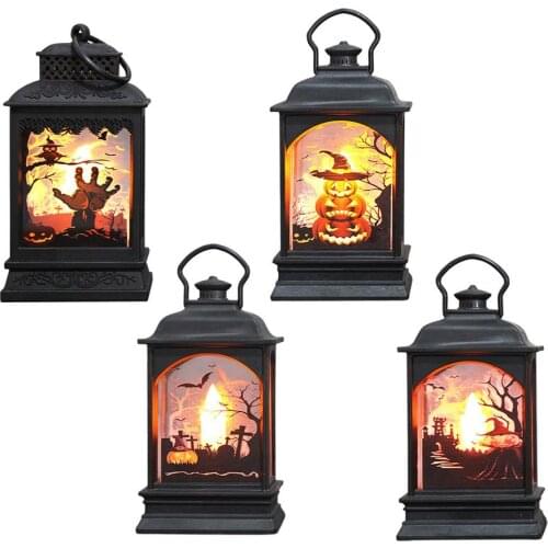 LED Painted Lantern Portable Flame Lantern Halloween Party Supplies Vintage Pumpkin Hanging Wind Lantern Black Hanging Lantern