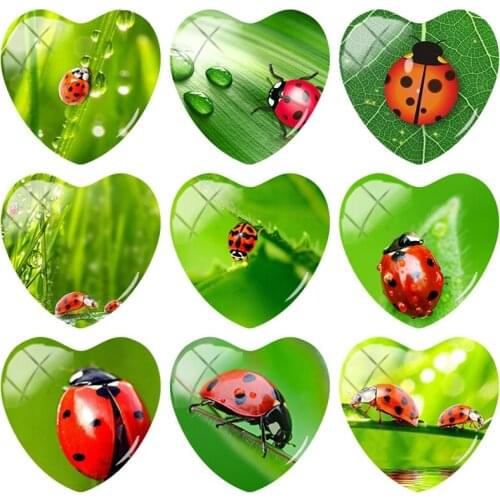 TAFREE Ladybugs Flowers Green Leaf Pattern Heart Shape 25mm Glass Cabochon For KeyChains Necklace Pendant DIY Jewelry Gift NT150