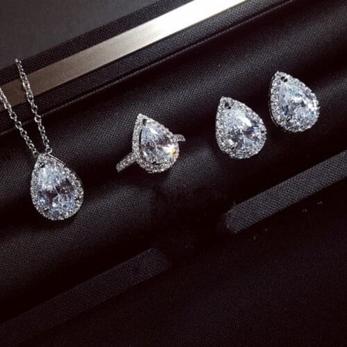 Trendy Water Drop Lab Diamond Jewelry set 925 Sterling Silver Party Wedding Rings Earrings Necklace For Women Gemstones Jewelry