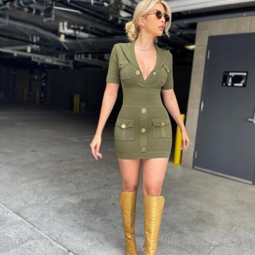 Streetwear Sexy V Neck Women Pockets Short Sleeve Casual Bodycon Mini Party Dress Femme Vintage Army Green Club Vestidos 50283