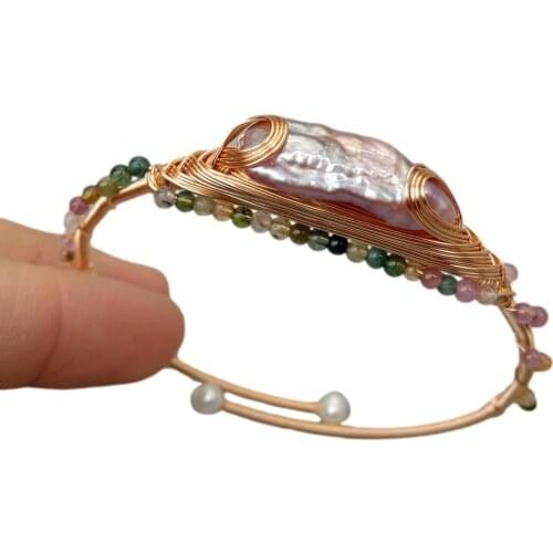 Y·YING Freshwater Cultured Purple Biwa Pearl White Pearl Natural Multi Color Round Tourmaline HandMade Bangle Braclet Adjustable
