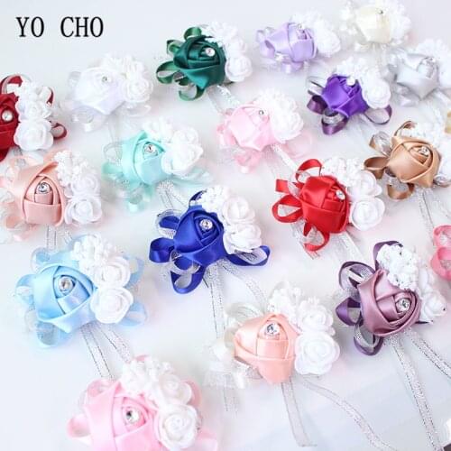 YO CHO Wrist Corsage Bridesmaid Bride Wrist Corsage Bracelet Supplies Silk Roses White Wrist Flower Marriage Wedding Accessories
