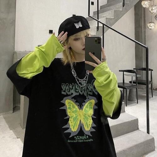 Green Butterfly T-Shirt Women Harajuku Fake Two Piece Splicing Top Casual Long Sleeve Women Clothes Funny Loose High Street Y2K