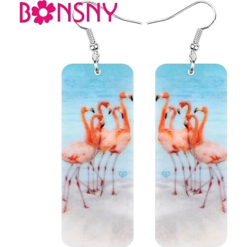 Bonsny Acrylic Rectang Flamingo Earrings Printing Cute Bird Animal Dangle Drop Jewelry For Women Girls Kid Charm Gift Decoration