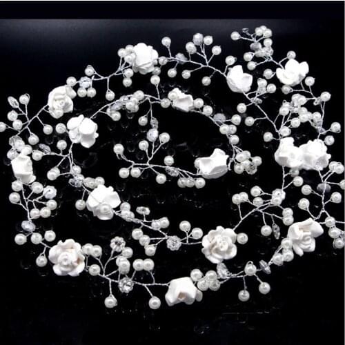 110cm Long White Flower Wedding Hair Accessories Headband Simulated Pearl Bridal Vine Hairbands Headpiece Bride Womens Jewelry