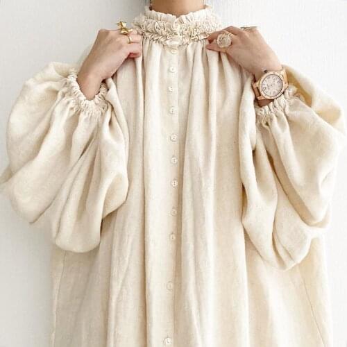 SuperAen Stand Loose Plus Size Solid White Lantern Sleeve Hemp Cotton Cardigan Woman Dress