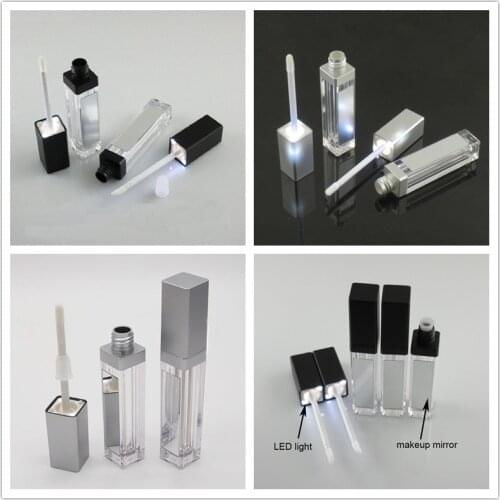 7ML LED Light Black Cosmetic Lipstick Containers Make up Tool Plastic Square Concealer Bottle Lip Gloss Tube with Mirror 20pcs