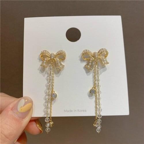 2021 New Arrival Trendy Water Drop Women Dangle Earring Pearl Tassel Bowknot Earrings Crystal Earrings Womens Long Style