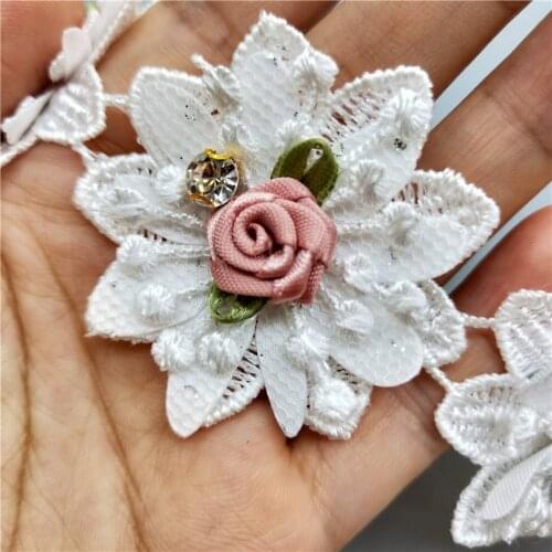 5/10x Polyester Rhinestone Rose Flower Embroidered Lace Trim Ribbon Fabric Sewing Supplies Craft Decor, DIY Handmade Materials