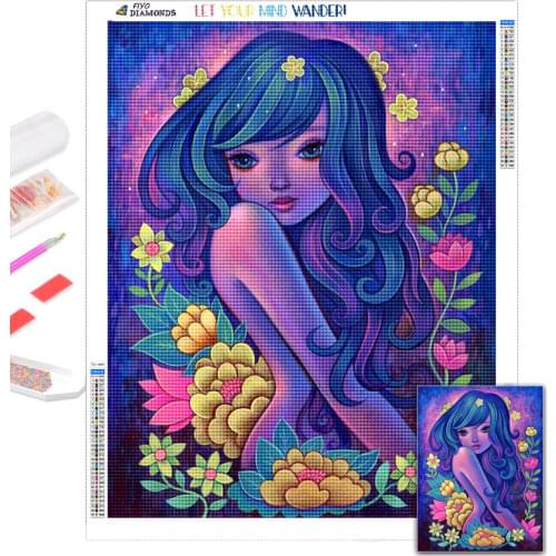 5D DIY Diamond Painting Cartoon Girl Fantasy Beads Embroidery Mosaic Cross Stitch Kit Flower Rhinestone Picture Wall Decoration
