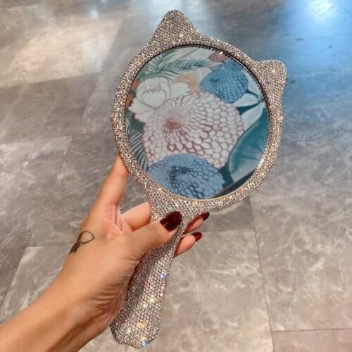 Diamond shiny hand-held make-up mirror lovely cat decorative mirror portable womens make-up mirror make-up products with handle