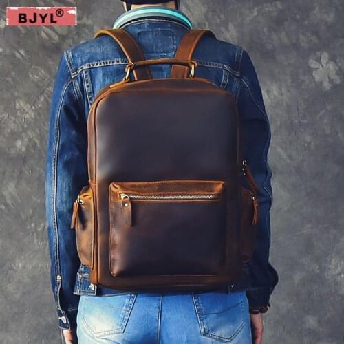 BJYL Original Mens the first Layer Crazy Horse Leather Backpack Travel Big capacity shoulder laptop bag Retro Men backpacks