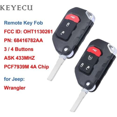 Keyecu Flip Remote Control Car Key Fob ASK 433MHZ PCF7939M 4A Chip for Jeep Wrangler 2018 2019 FCC ID: OHT1130261 PN: 68416782AA