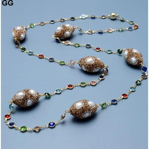 GuaiGuai Jewelry Natural White Pearl Crystal CZ Pave Beads Station Long Chain Necklace 39'' Gold Color Plated Colorful Cz Chain