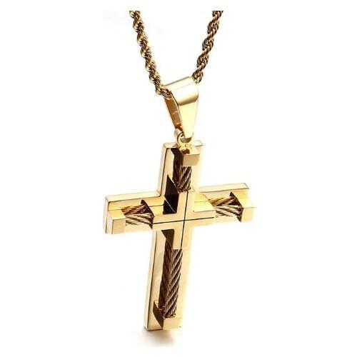 3 Color Choose Golden/ Silver/ Jewelry Stainless Steel Wire Cross Pendant Necklace Rope Chain 22 inch Large Heavy Solid