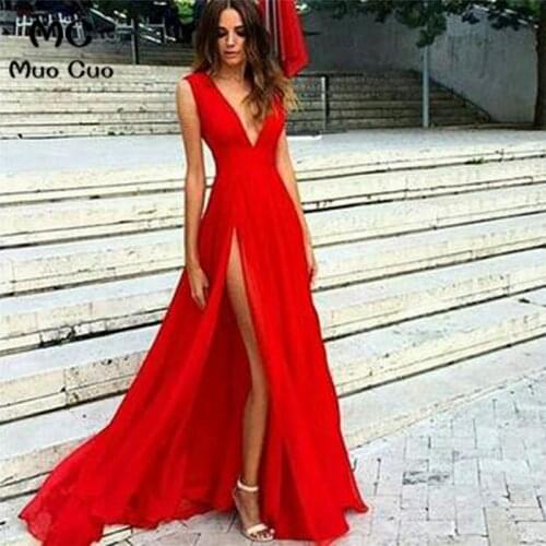 Red Evening Dress Long 2021 Sexy Deep V Neck Fllor Length Split Side Formal Evening Dresses Party Gowns Robe De Soiree Longue