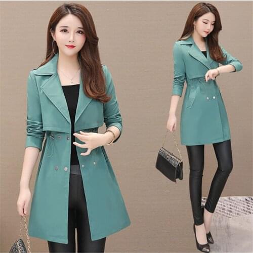 Mid-length Elegant Womens Trench Coat Fashion Suit Collar Korean Long Sleeve Drawstring Windbreaker Female Outwear Pink