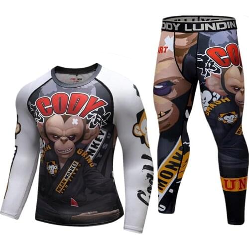 MMA T-shirts +Pants 3D Monkey Printed Fightwear Muay Thai Bjj Rashguard MMA Compression KickBoxing Tight Trousers Boxing Sets