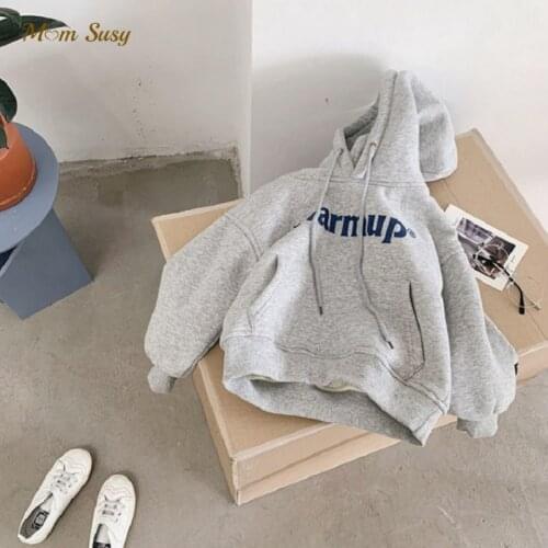 Baby Boy Girl Cotton Hoodie Fleece Lining Infant Toddler Teen Child Thick Pullover Top Letter Print Solid Hooded Clothes 1-6Y
