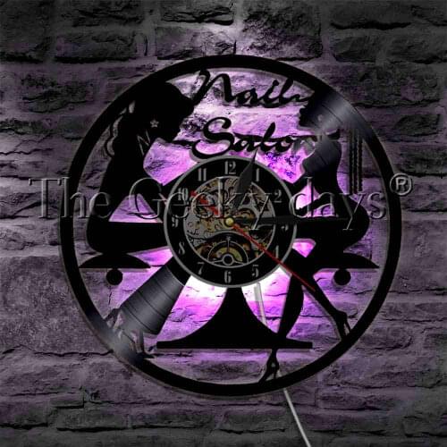 Nail Salon Doodle Manicure Designed Lamp Vinyl Record Wall Clock With LED Backlight Beauty Salon Modern Wall Light