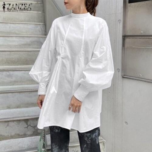 Fashion Puff Sleeve Tops Women Spring Blouse ZANZEA 2021 Casual Pleated Lace Up Blusa Female Solid Tunic Chemise Top 7
