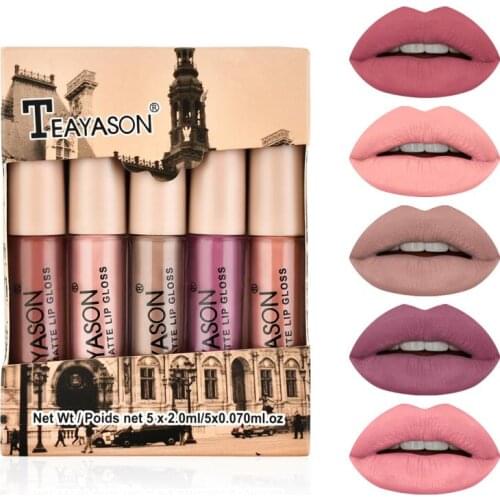 Velvet Matte Lipstick Set 5PCS Lip Gloss Lip Glaze Makeup Sets Pink Red Non-stick Cup Non-fading Beauty Cosmetics Pomade TSLM1