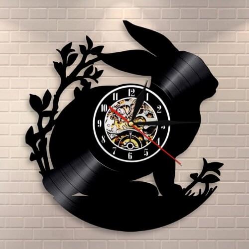 Rabbit Silhouette Wall Clock Bunny Decorative Clock Gift For Kids Woodland Animal Nursery Art Baby Room Vinyl Record Wall Clock