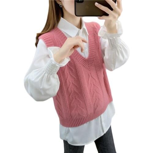 2021 New Sweater Vest Womens Shirt Vests Two-Piece Suit Sweaters Spring Autumn V neck Pullover Vests Sweaters Suéter Las Mujeres