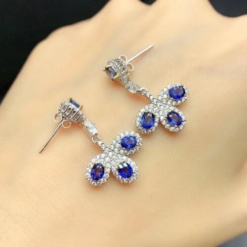 Charming blue gemstone stud earrings for lady ornament real 925 silver natural sapphire lucky birthstone Sep Virgo birthday gift
