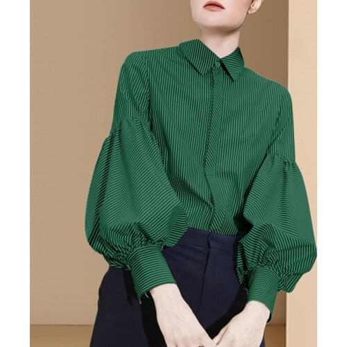 Autumn 2021 New French Lantern Long-sleeved Shirt Womens Fashion Loose Turn-down Collar Striped Button Up Shirt Womens Tops