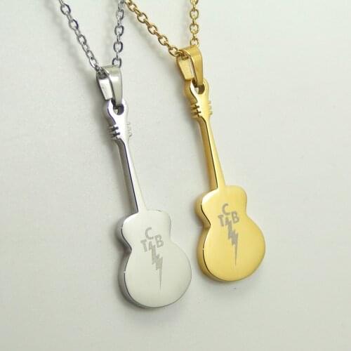 Elvis Fans Memarial Gift Guitar Lute Pendant Necklace Gold Stainless Steel Jewelry Engraved TCB Lightning DropShipping Wholesale