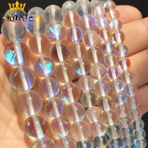 Clear AB Flash Crystal Glass MoonStone Glitter Beads Round Loose Beads For Jewelry Making DIY Charms Bracelet 15'' 6/8/10/12mm