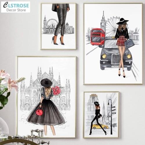 Nordic Fashion Girl Canvas Painting Abstract French Model Wall Art Posters Minimalist Modern Picture Living Room for Decor