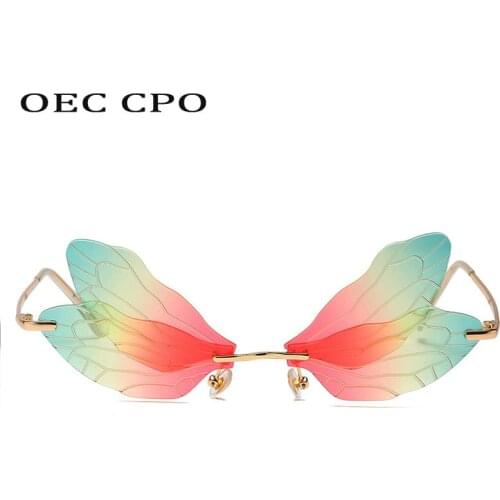 OEC CPO Personality Dragonfly Rimless Sunglasses Women Fashion Steampunk Sunglasses Female Frameless Eyewear Men Glasses Oculos