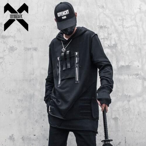 Techwear Harajuku Hoodie and Sweatshirt Men Zipper Multi-pocket Cotton Pullover Hip Hop Streetwear Black Tactical Clothing WB232