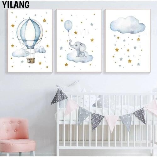 Hot Air Balloon Elephant Canvas Painting Star Cloud Nursery Wall Art Print Nordic Poster Cartoon Wall Pictures Kids Room Decor