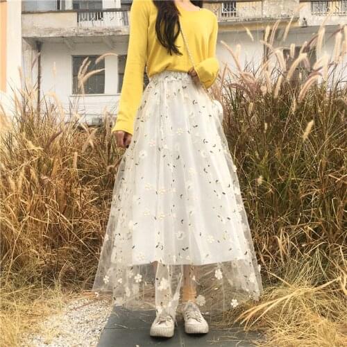 2021 New Spring Summer Women Long skirt A-line Korean style High waist Floral Sweet Cute Mesh skirts female skirts
