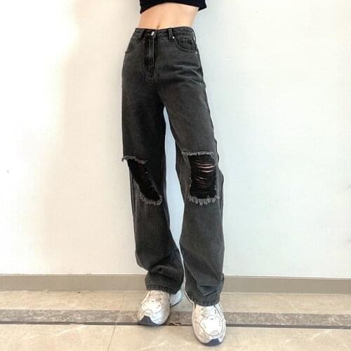 2021 New Womens Fashion Ripped Jeans Ladies Female Stylish Solid Color Loose Wide Leg Pants Trousers for Shopping Daily Wear