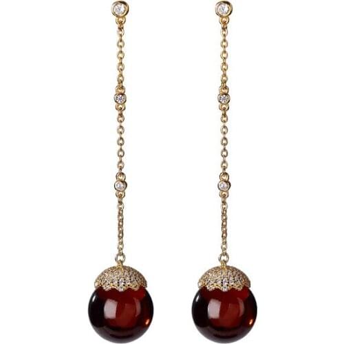 925 sterling silver gold plated Natural blood amber Ear studs Personality Long Round beads Lady temperament Eardrop earring