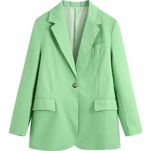 BBWM 2021 Women Elegant Green Notched Long Sleeve Suit Female Vintage Loose Office Lady Single Button Blazer Casual Tops