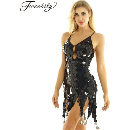 Women Shiny Glitter Sequins Halter V-Neck Belly Latin Dance Dress Salsa Tango Cha Cha Stage Performance Rave Costume