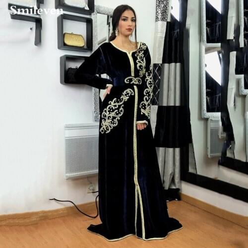 Smileven Silk Velvet Moroccan Kaftan Formal Evening Dress Long Sleeve Embroidery Muslim Party Dress Dubai Special Occasion Dress