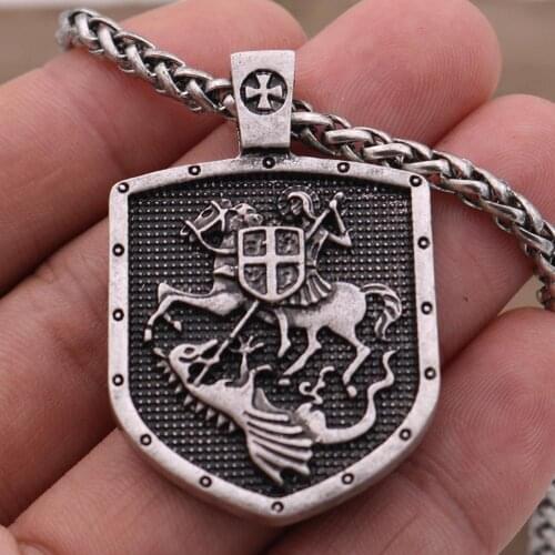1PCS Dropshipping Men Necklace ST.GEORGE ON HORSE KILLS DRAGON Protect US Saint Shield Protection Cross Pendant Talisman Jewelry